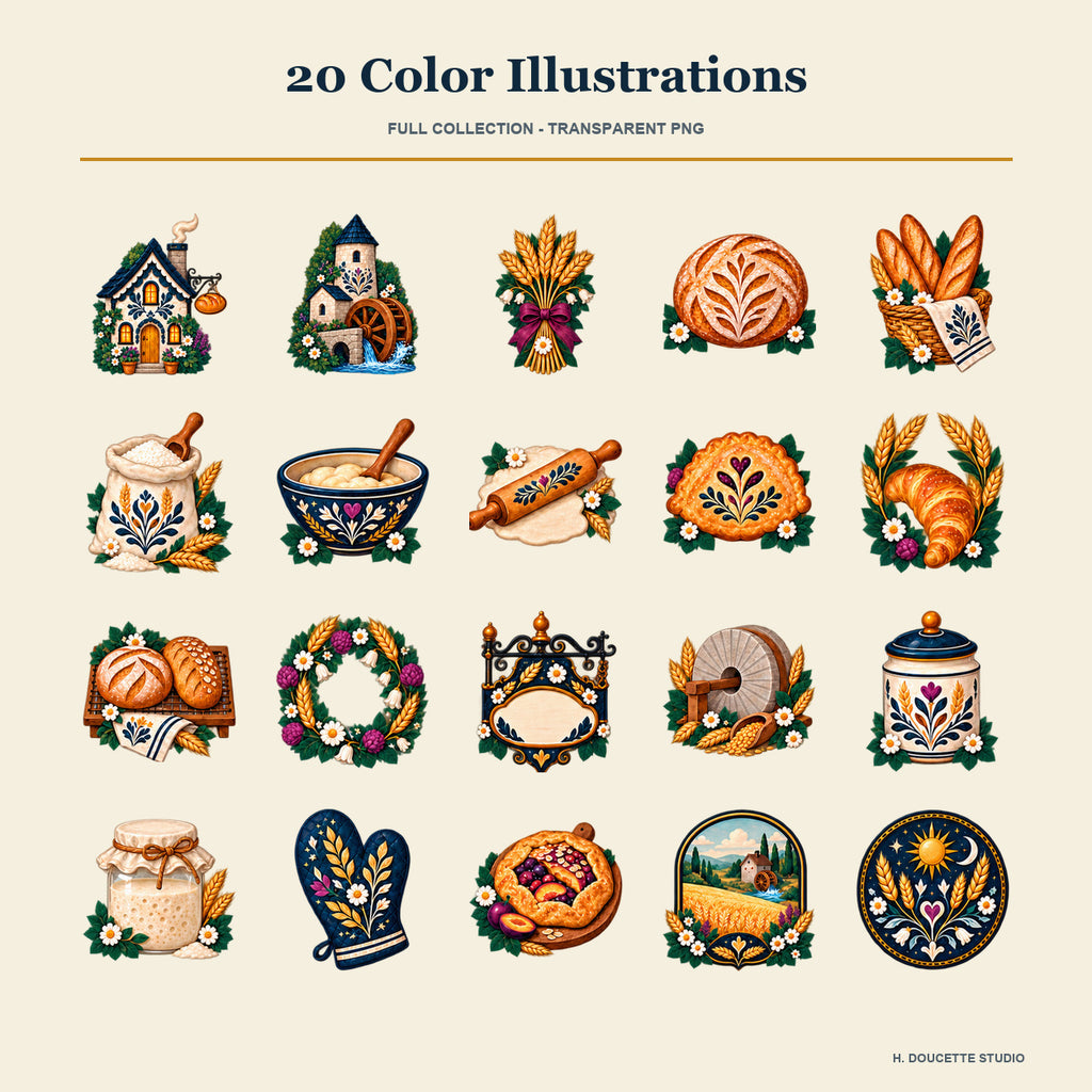 Overview of all 20 full-color transparent baker's cottage and flour mill PNG illustrations.