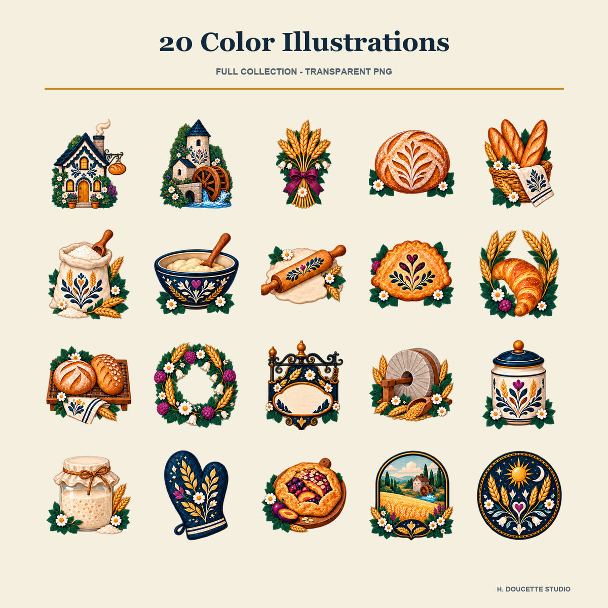 Overview of all 20 full-color transparent baker's cottage and flour mill PNG illustrations.