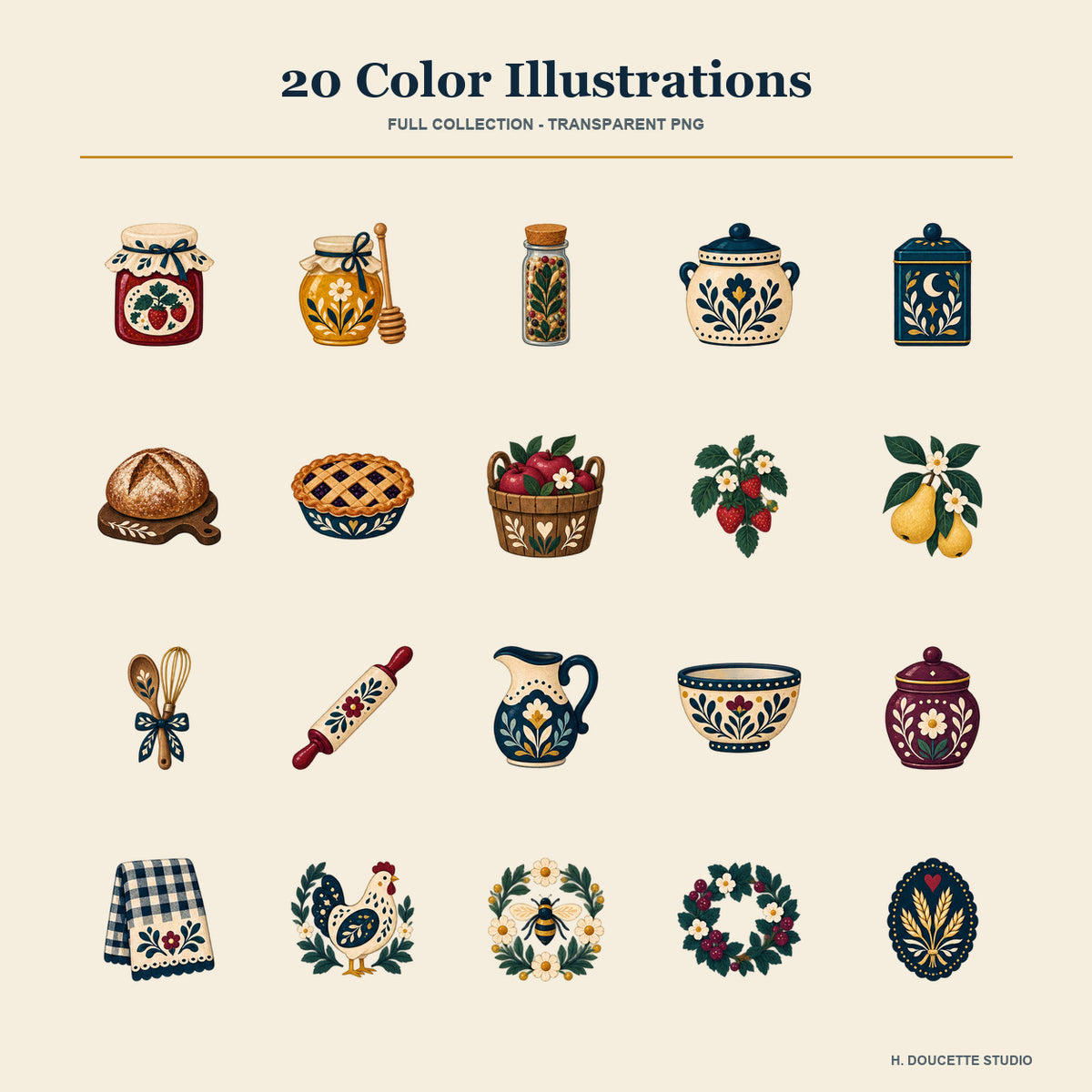 Folk Cottage Kitchen & Pantry Clipart & Seamless Pattern Bundle - 40 Transparent PNGs + 6 Digital Papers