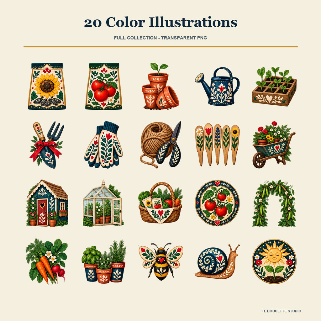 Overview of all 20 full-color transparent garden seed shop and potting shed PNG illustrations included in the collection.