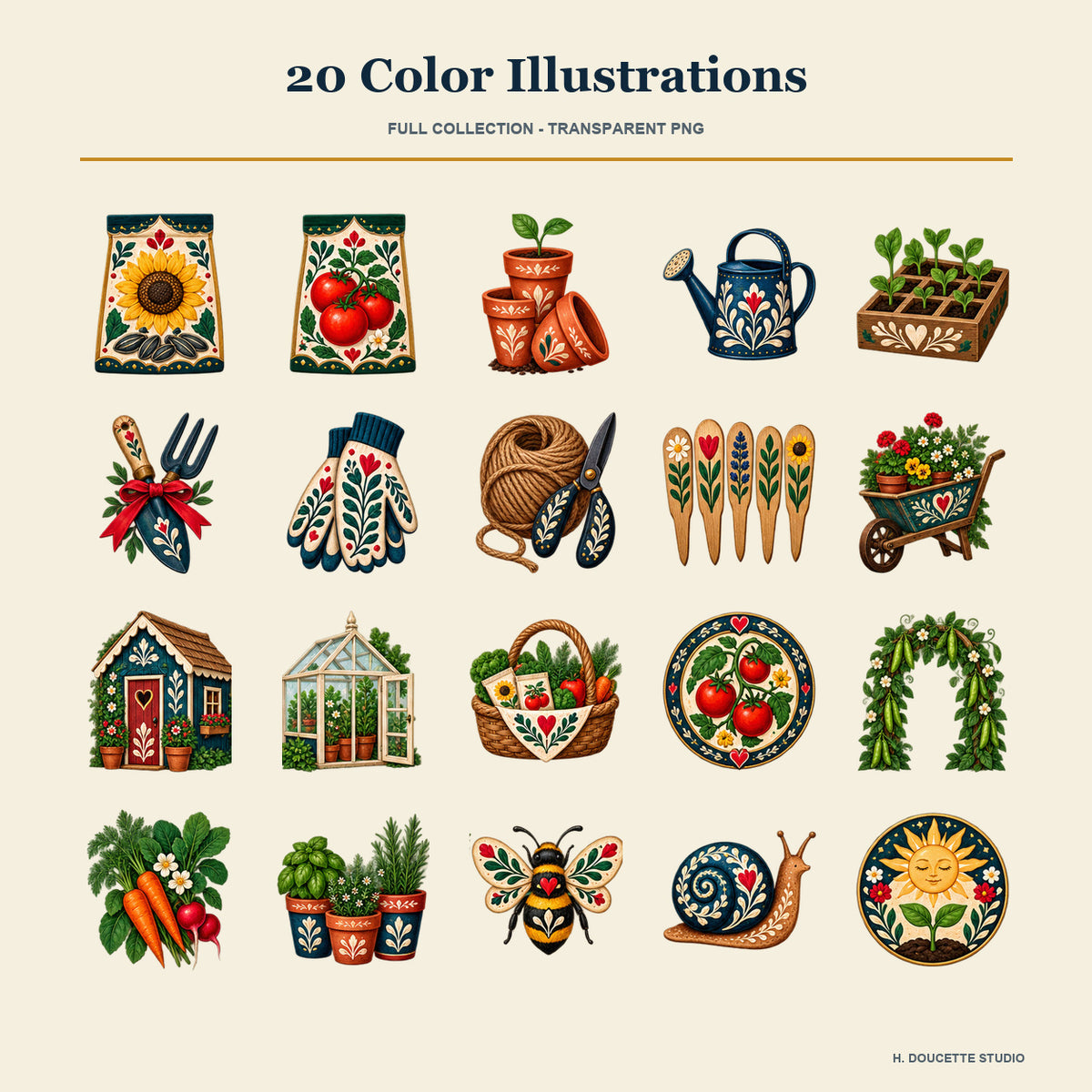 Overview of all 20 full-color transparent garden seed shop and potting shed PNG illustrations included in the collection.