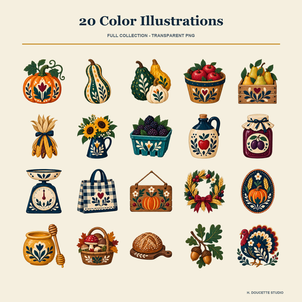 Overview of all 20 full-color transparent harvest market and farmstand PNG illustrations included in the collection.