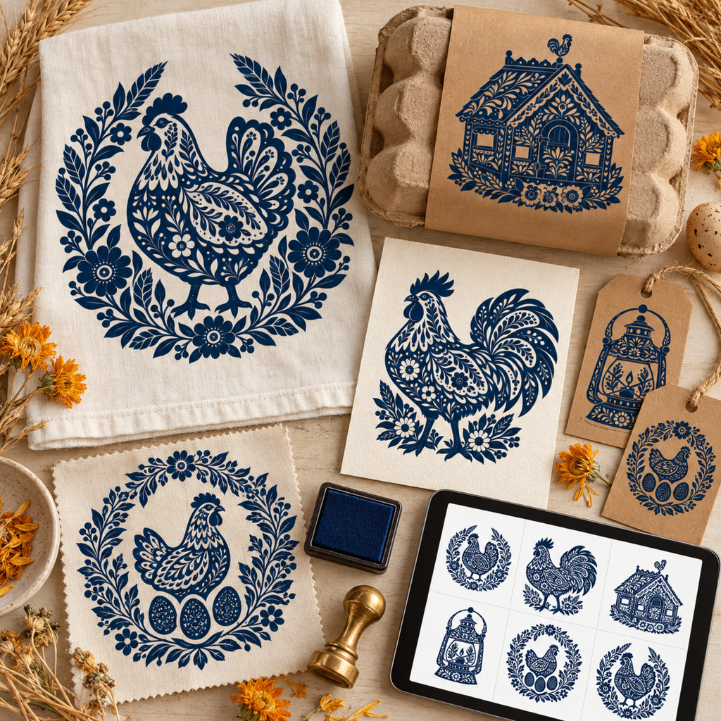 Midnight-navy Henhouse illustrations with genuine transparent decorative cutouts shown on paper, fabric, packaging, tags, and a tablet.
