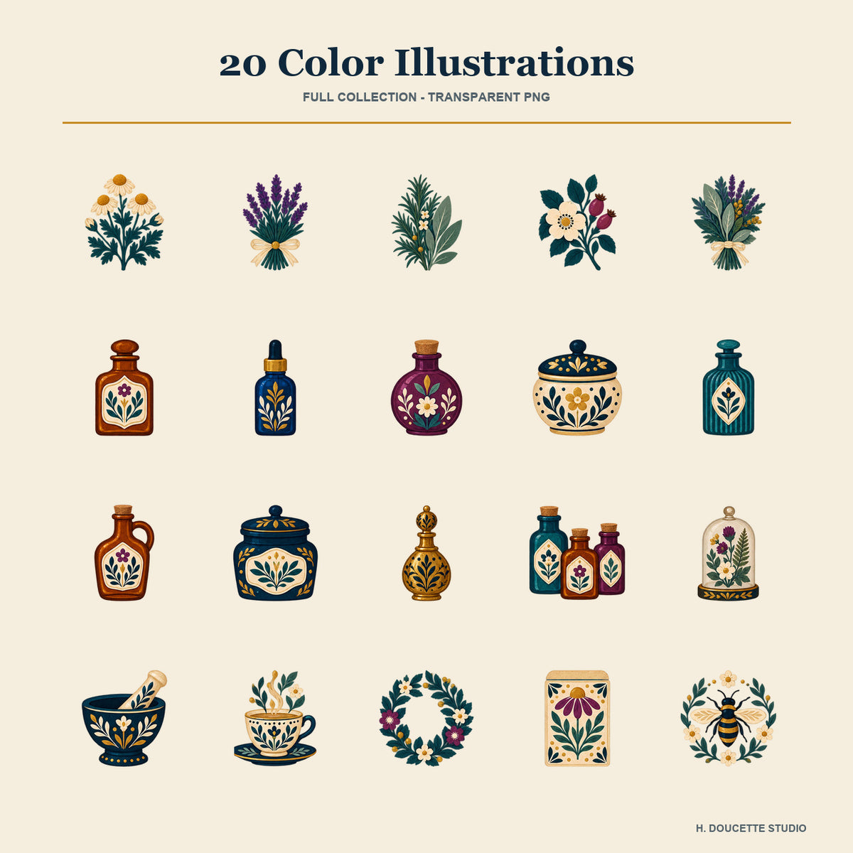 Folk Herbarium & Apothecary Clipart & Seamless Pattern Bundle - 40 Transparent PNGs + 6 Digital Papers