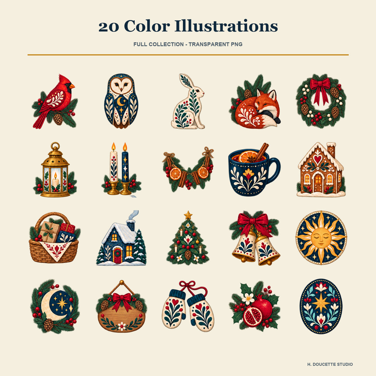 Folk Winter Solstice & Evergreen Market Clipart Bundle - 40 Transparent PNGs + 6 Seamless Patterns