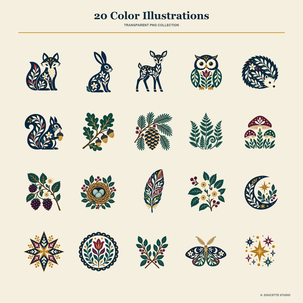 Overview of all 20 full-color transparent woodland animal, botanical, celestial, and ornamental PNG illustrations.