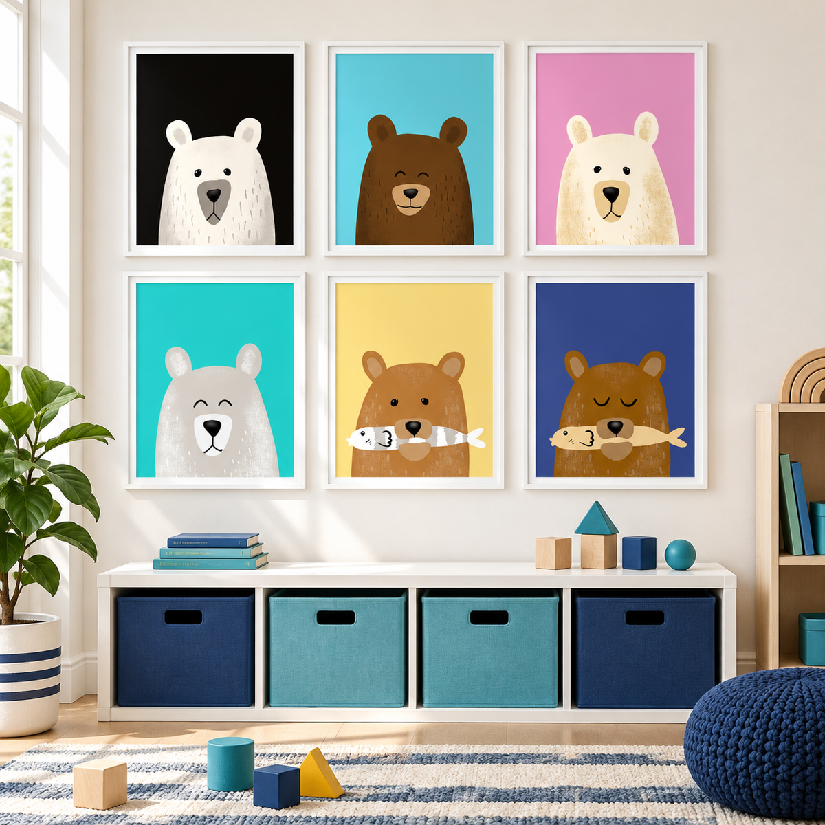 Six Gentle Bears prints framed on a colorful playroom gallery wall