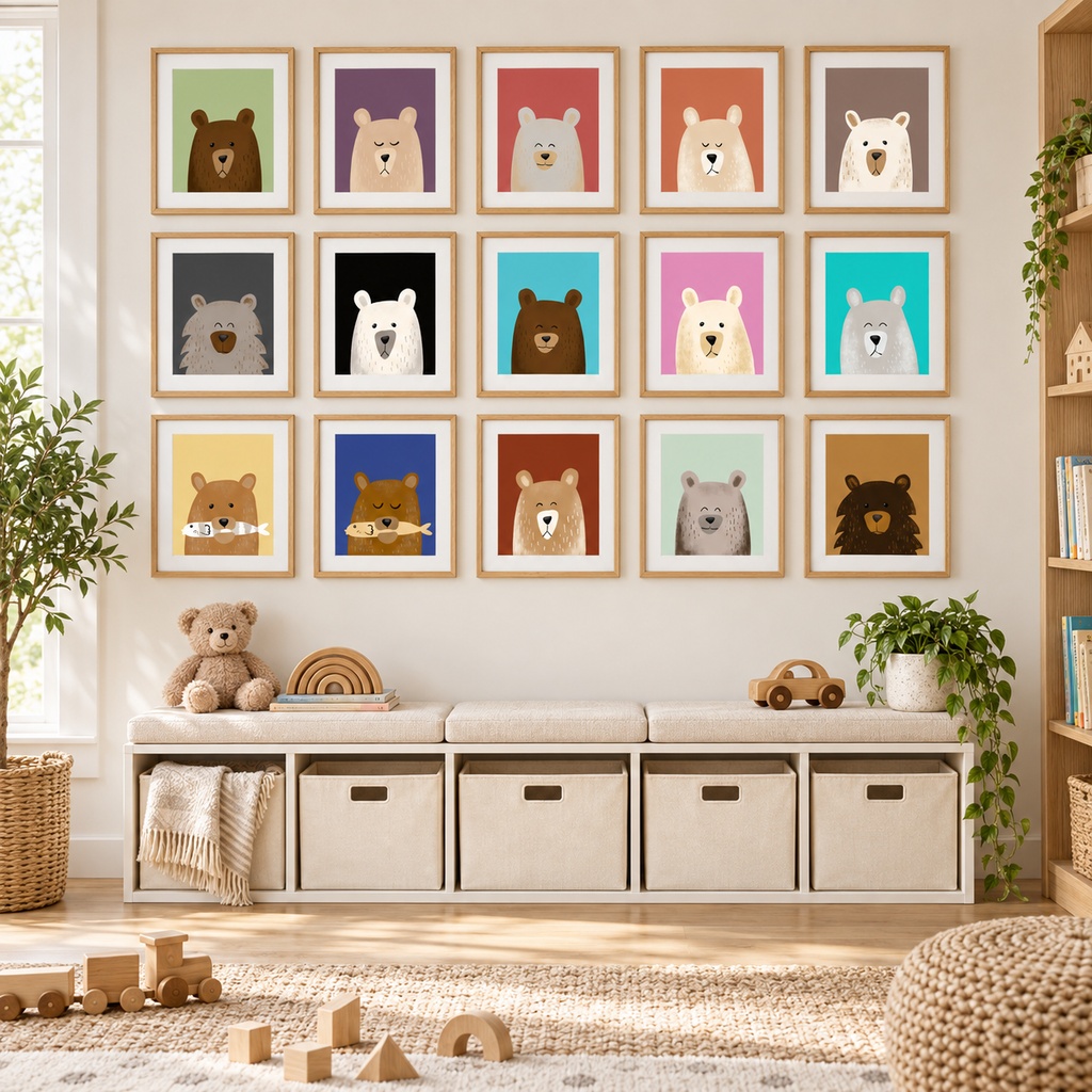 Photorealistic playroom gallery wall displaying all 15 actual Gentle Bears portraits.