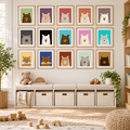 Photorealistic playroom gallery wall displaying all 15 actual Gentle Bears portraits.