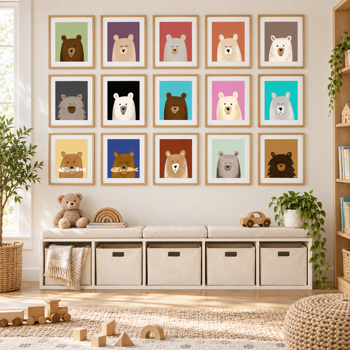 Photorealistic playroom gallery wall displaying all 15 actual Gentle Bears portraits.