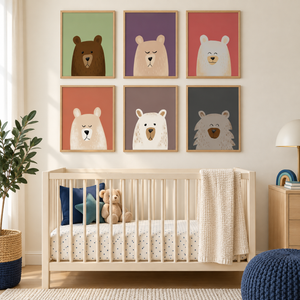 Six Gentle Bears prints framed on a modern nursery gallery wall
