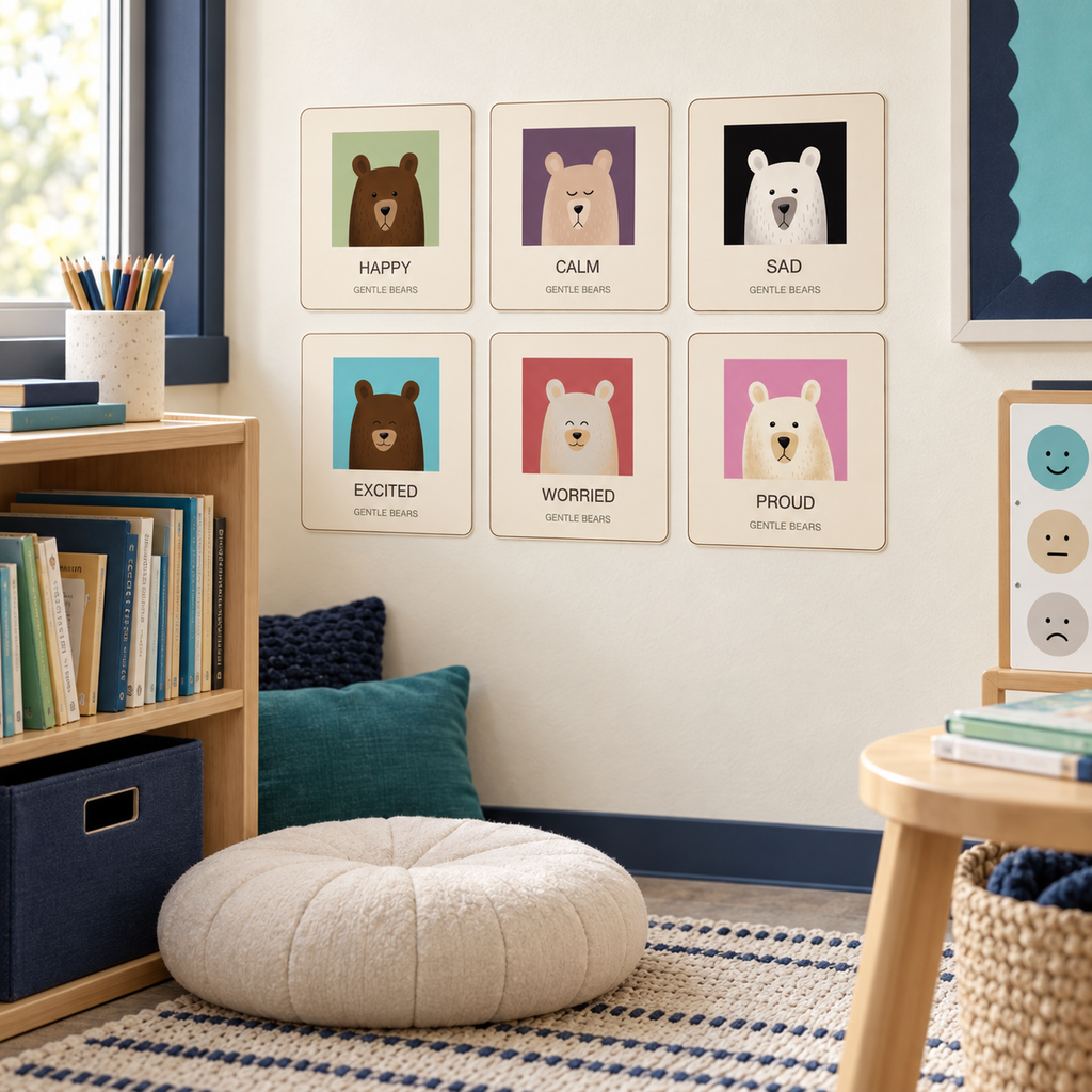 Gentle Bears emotion cards displayed in a classroom calm corner