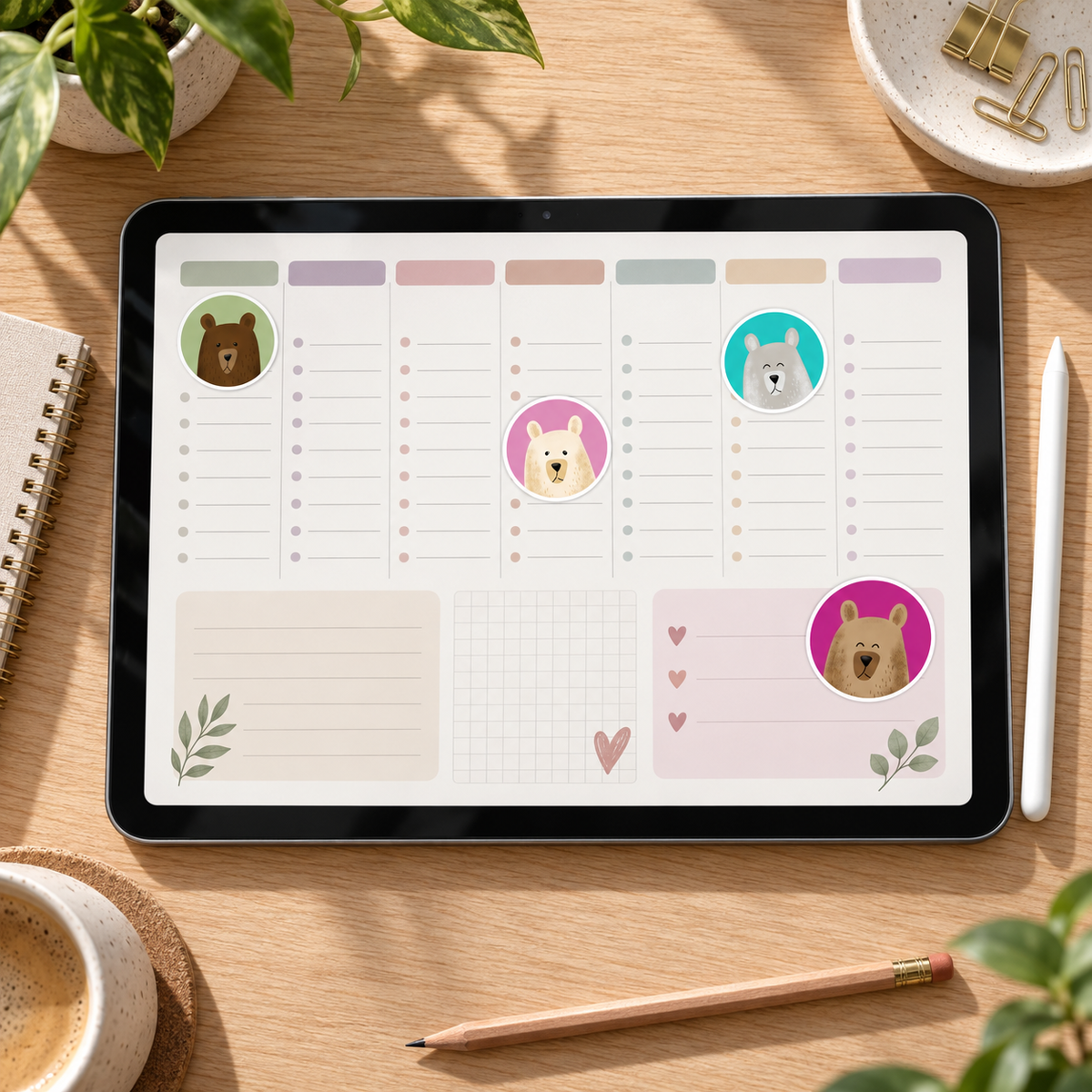 Photorealistic tablet digital planner decorated with actual Gentle Bears stickers.