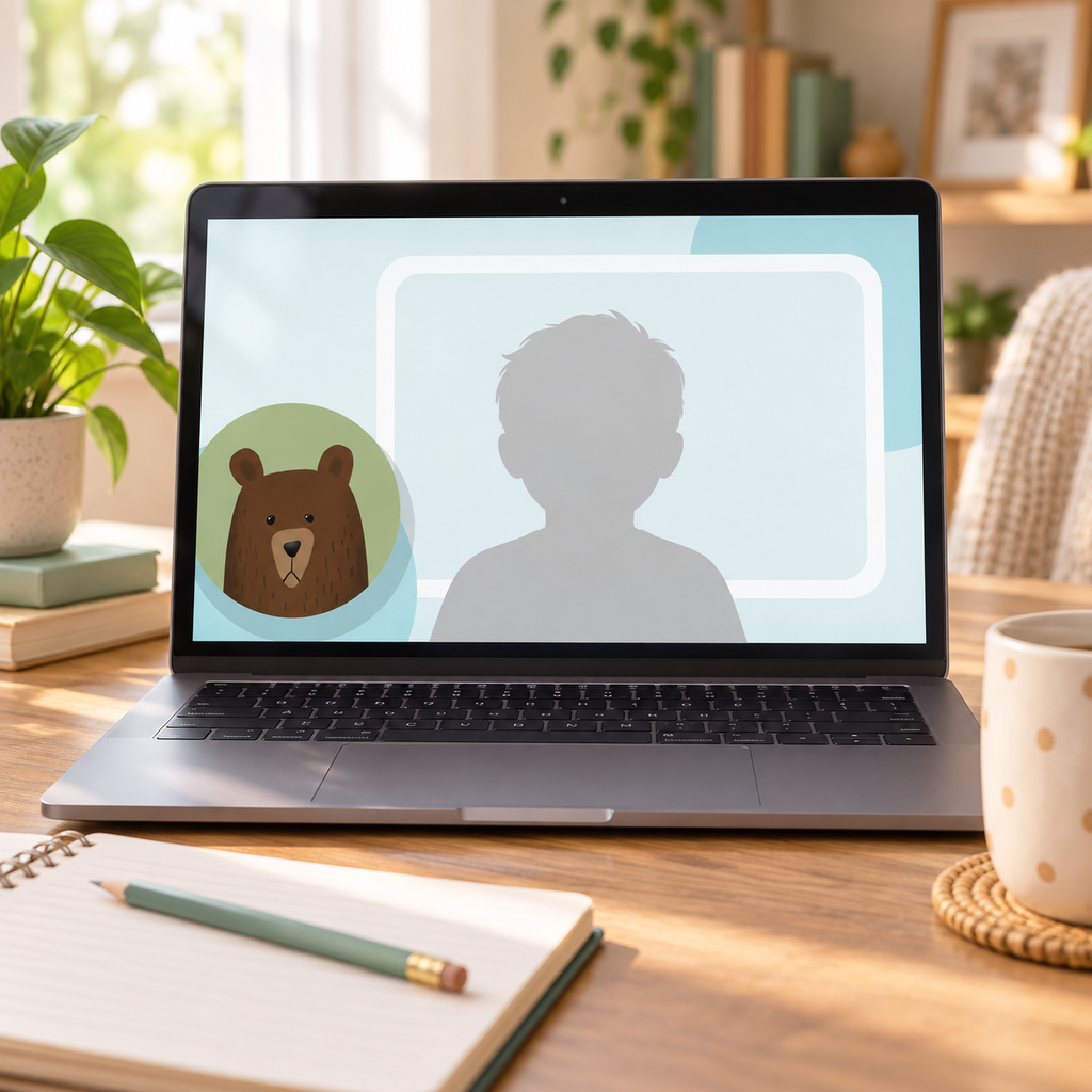 Photorealistic child-safe home-learning video-call setup using an actual Gentle Bears background.