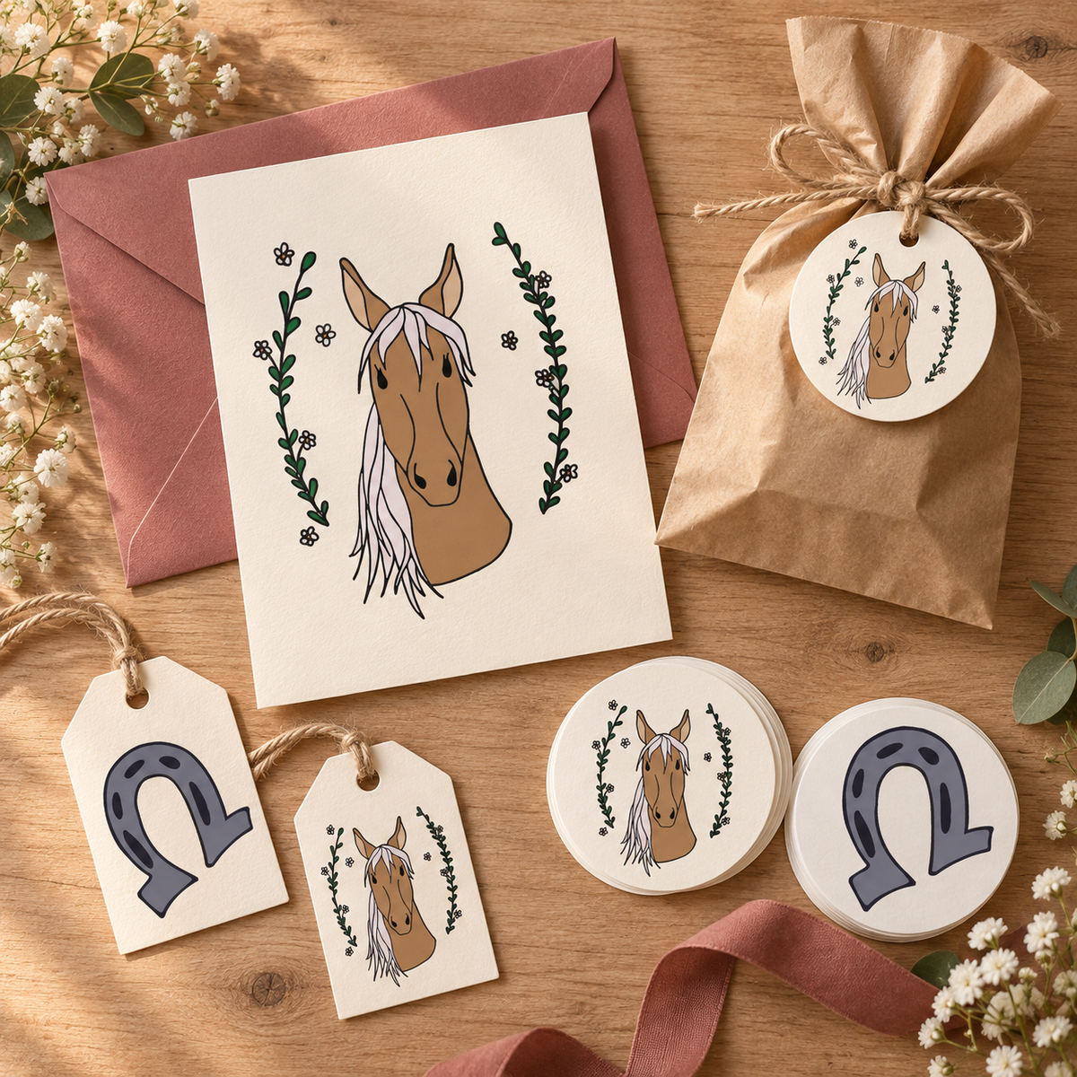 Photorealistic equestrian birthday stationery using the actual horse artwork.