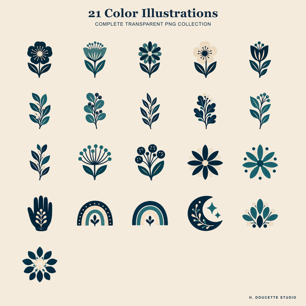 Overview of all 21 color folk botanical transparent PNG illustrations.