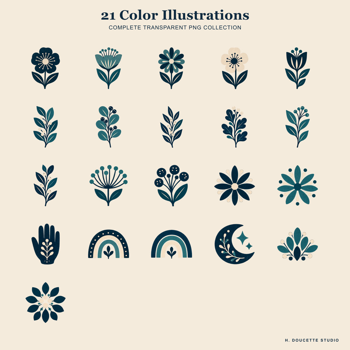 Overview of all 21 color folk botanical transparent PNG illustrations.