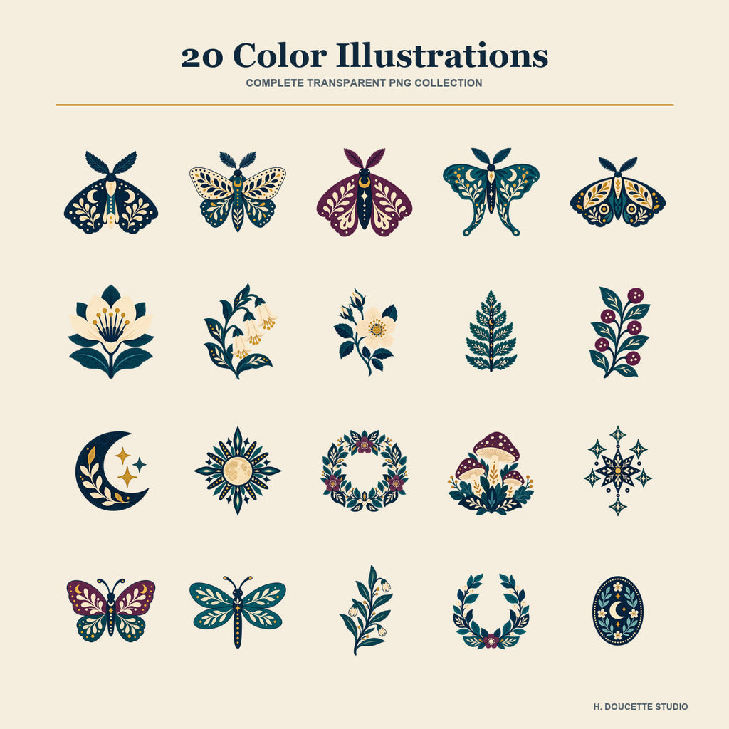 Moonlit Moth Garden Clipart & Seamless Pattern Bundle - 40 Transparent PNGs + 6 Digital Papers