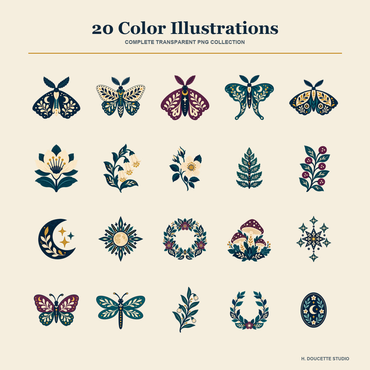 Moonlit Moth Garden Clipart & Seamless Pattern Bundle - 40 Transparent PNGs + 6 Digital Papers