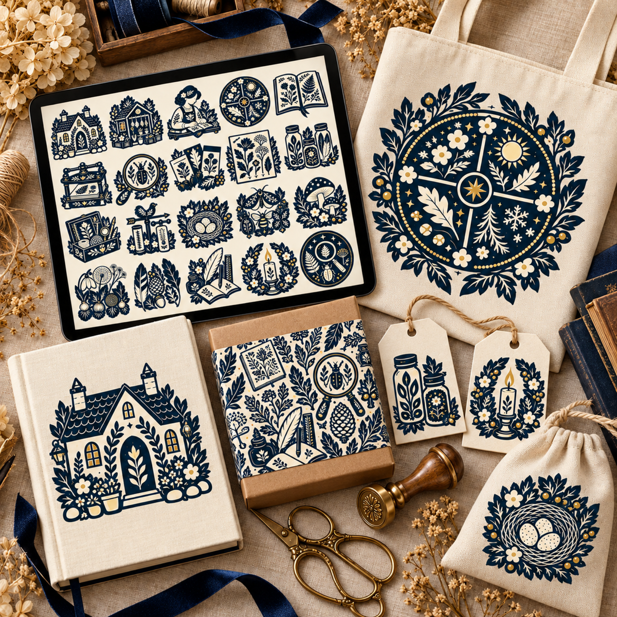 Midnight-navy decorative-cutout illustrations shown on a tablet, tote, notebook, packaging, tags, and drawstring pouch.