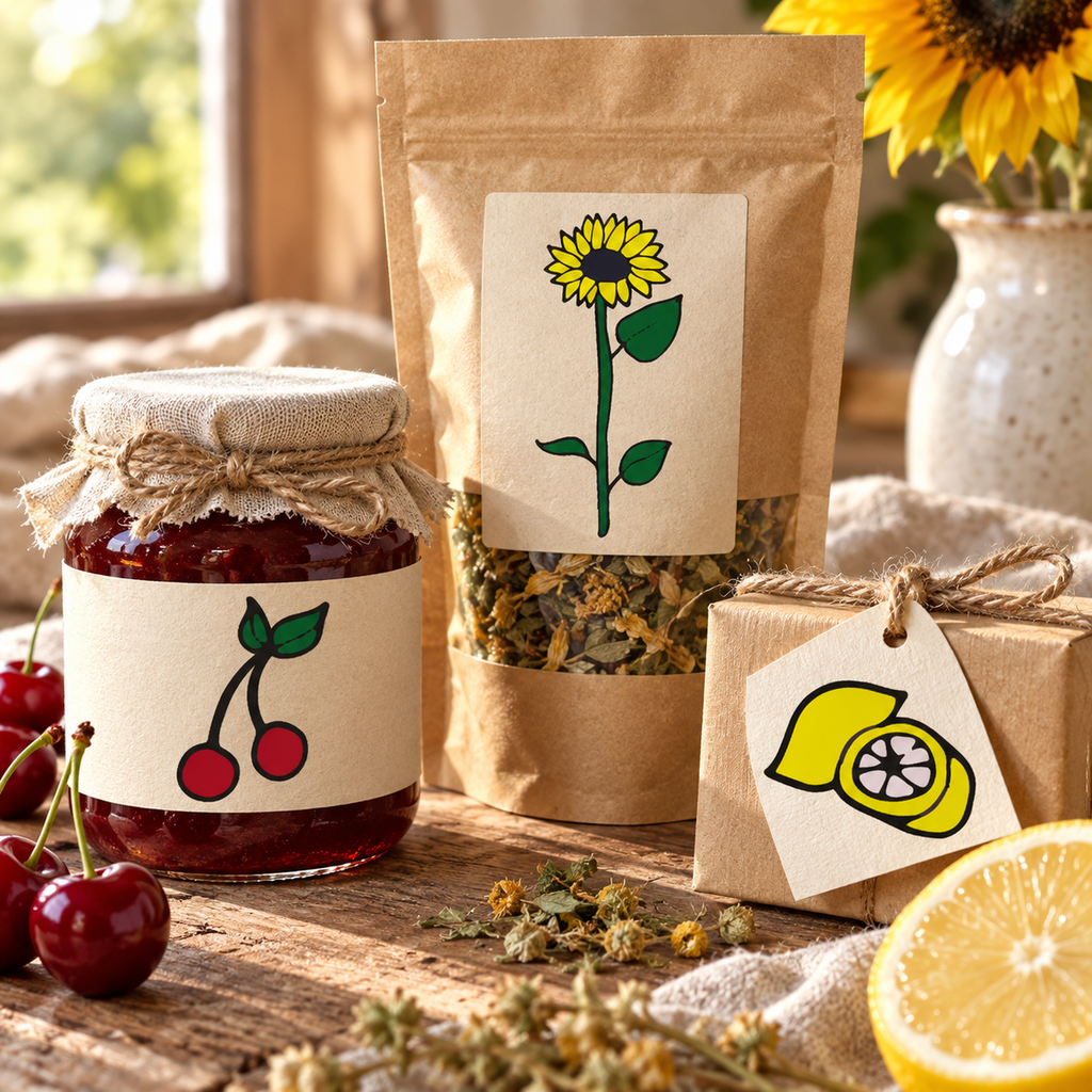 Photorealistic product packaging using actual fruit and botanical artwork.