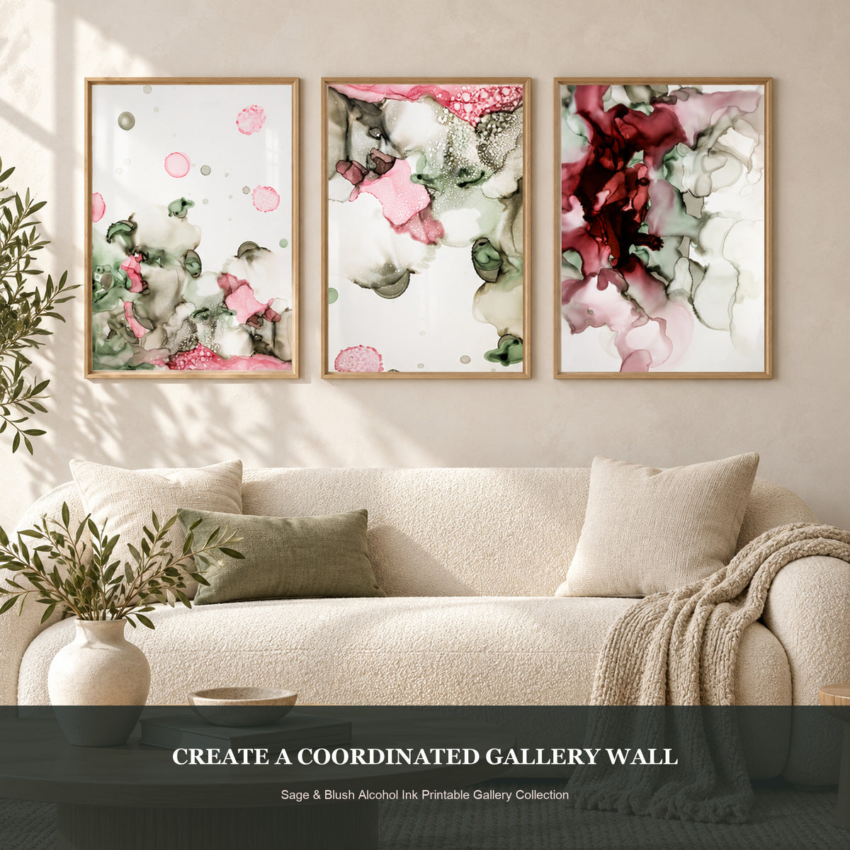 Photorealistic living room gallery wall featuring three coordinated sage and blush alcohol ink prints.
