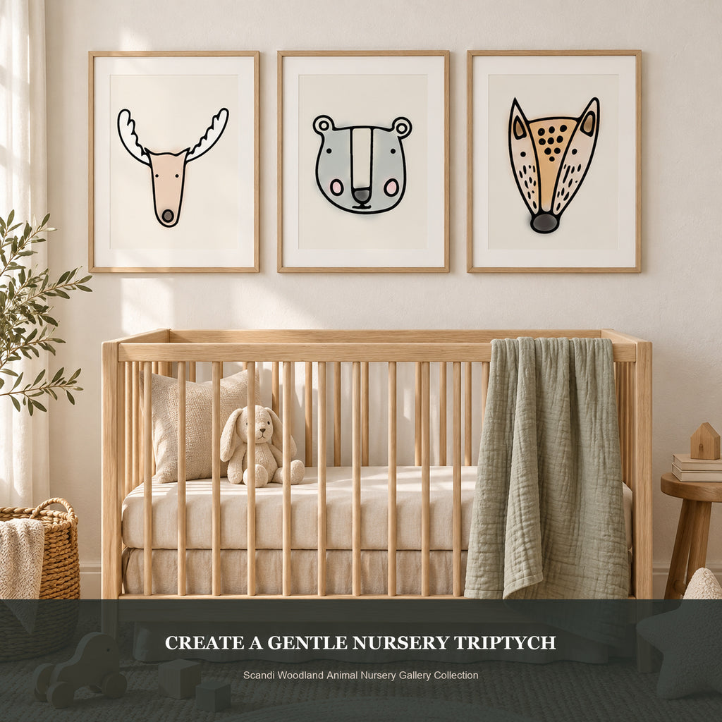 Photorealistic Scandinavian nursery with moose, bear, and fox prints above a natural wood crib.