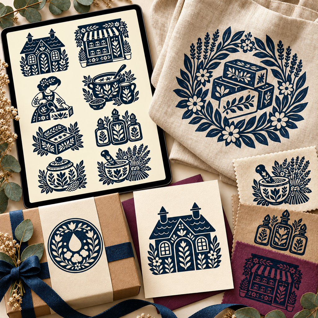 Midnight navy folk soapmaker silhouettes with decorative transparent cutouts