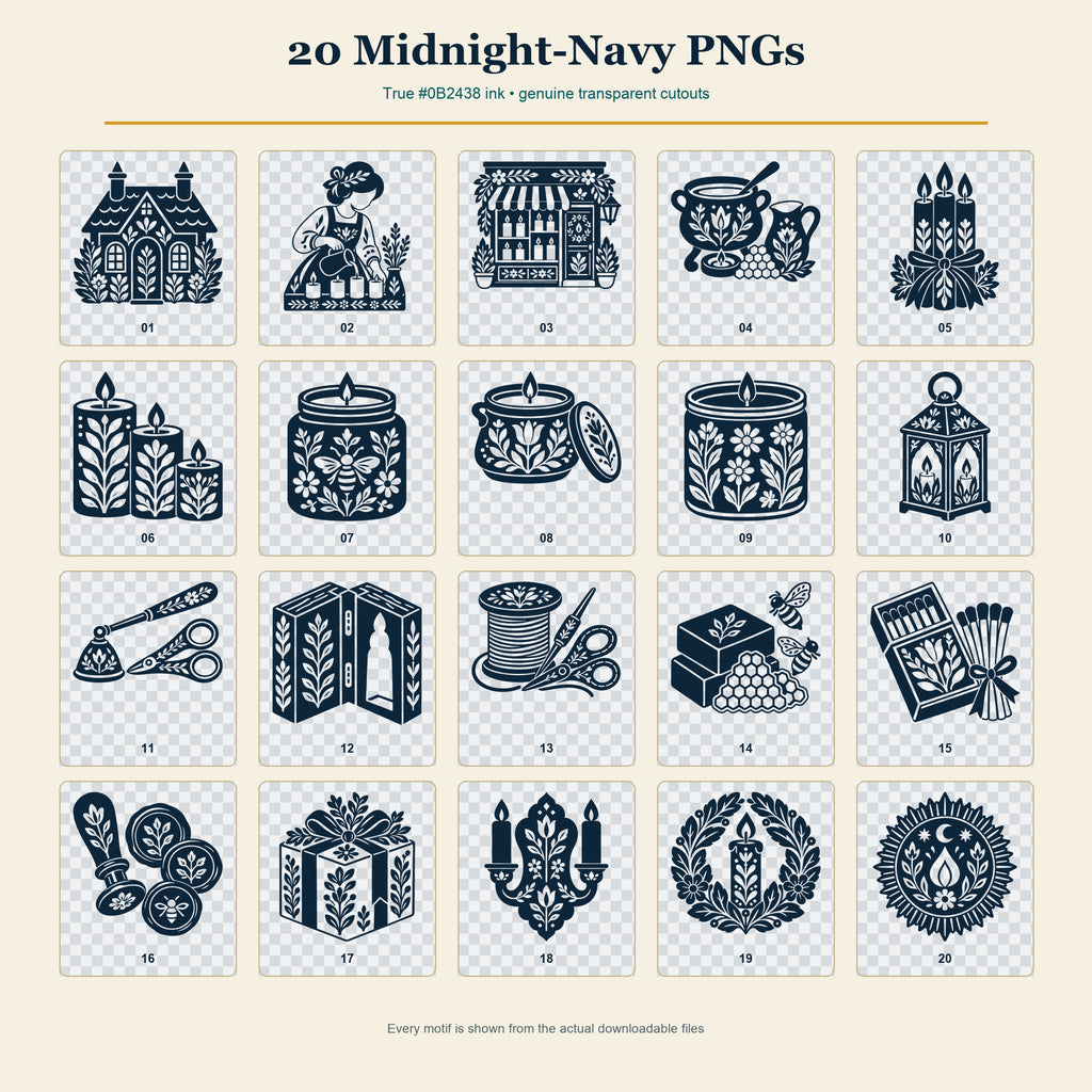 Folk Candle Maker's Cottage & Village Chandlery Clipart & Seamless Pattern Bundle - 40 Transparent PNGs + 6 Digital Papers