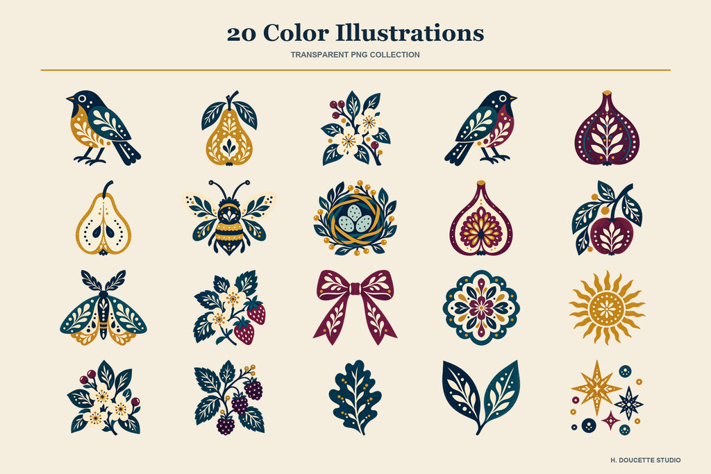 Overview of all 20 full-color transparent PNG illustrations.