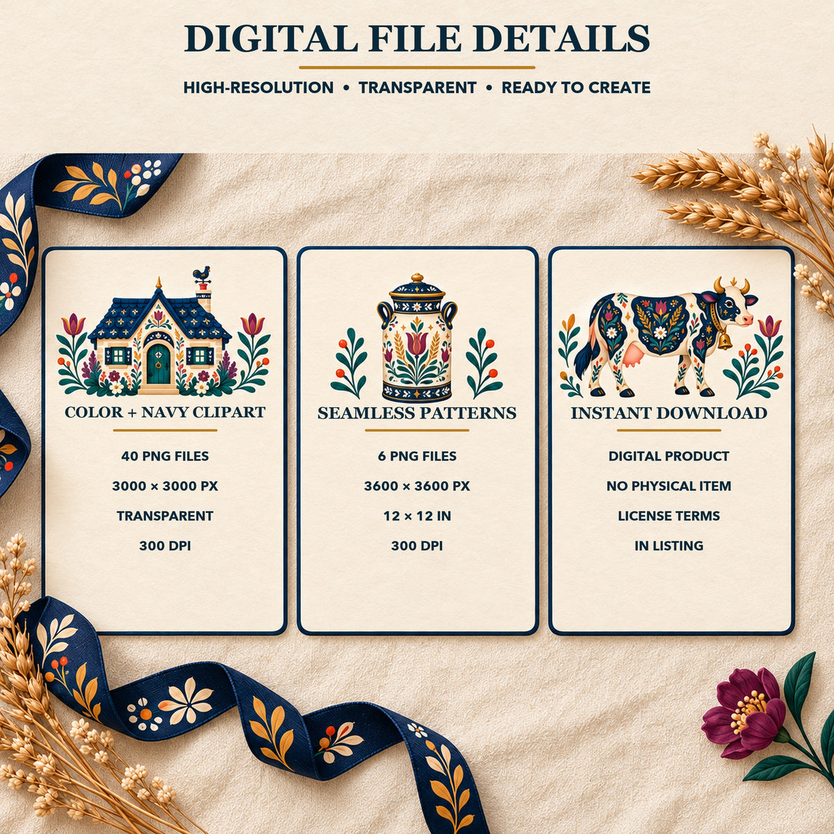 Folk Dairy Farm & Village Creamery Clipart Bundle - 40 Transparent PNGs + 6 Seamless Patterns