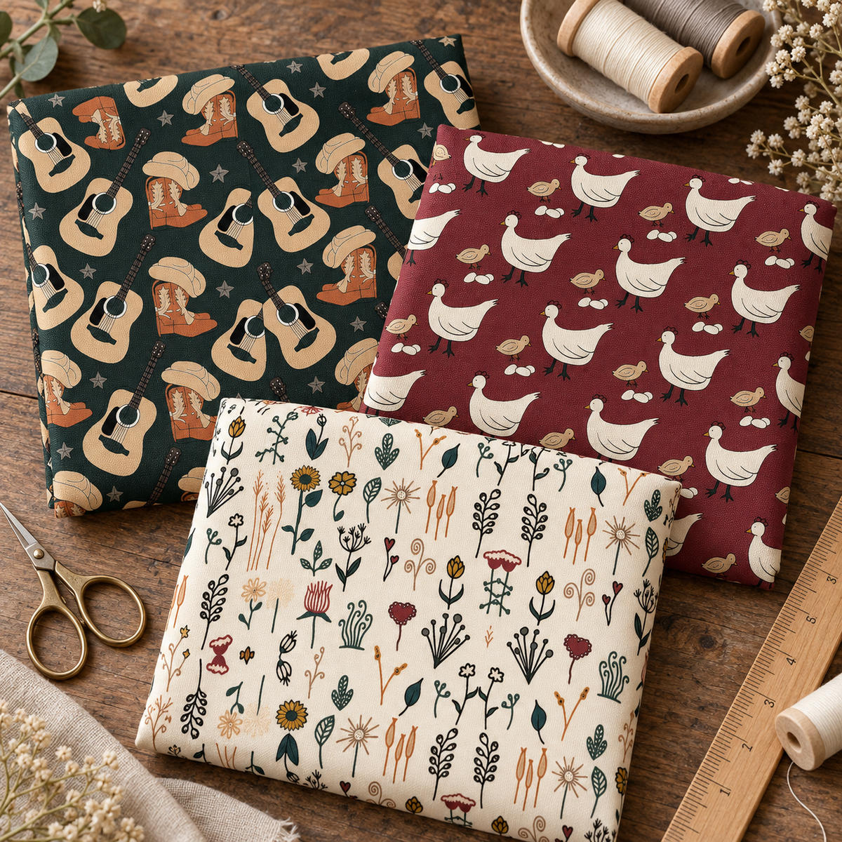 Photorealistic fabric swatches using actual western and floral patterns.