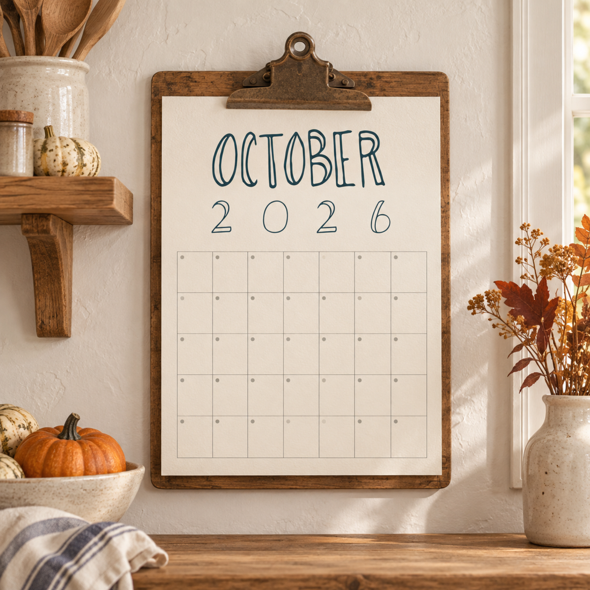 Photorealistic farmhouse wall calendar using the actual October lettering graphics.