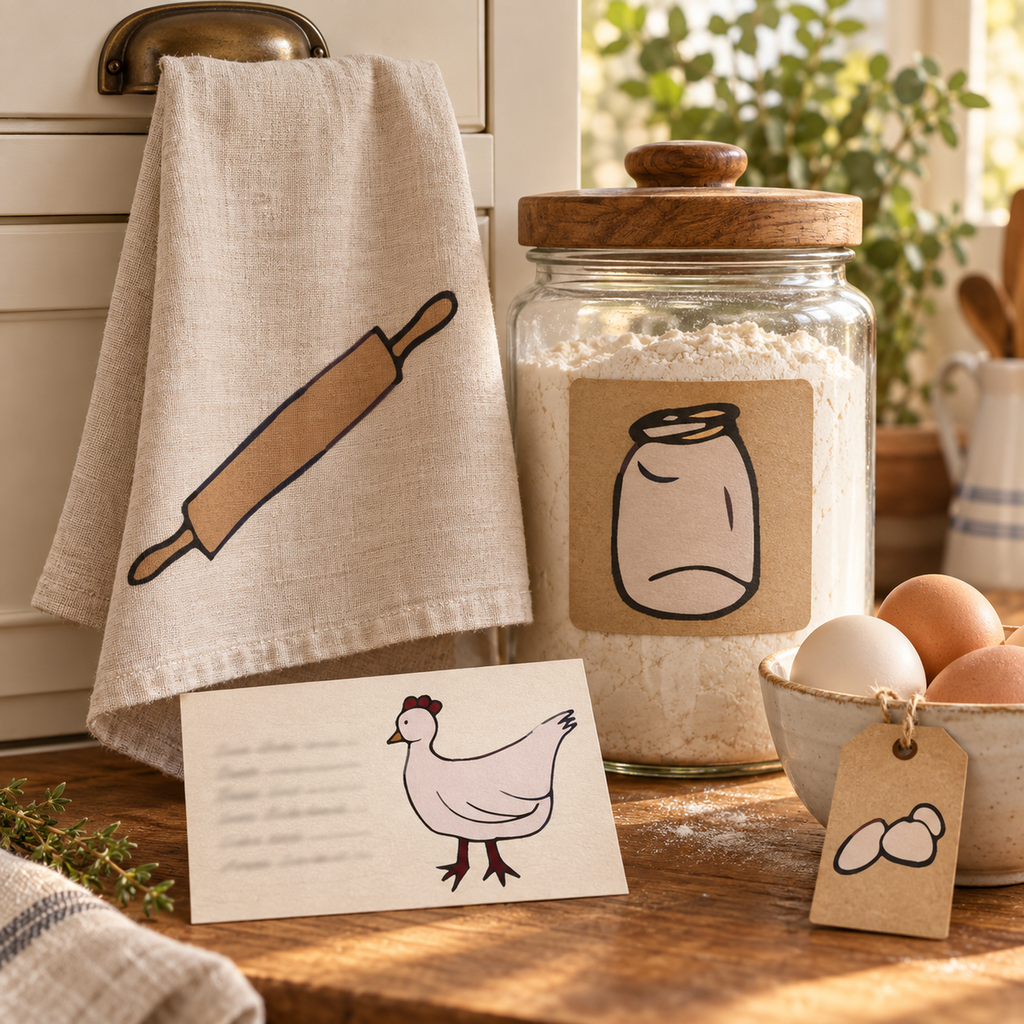 Photorealistic farmhouse kitchen textiles and recipe goods using the actual artwork.