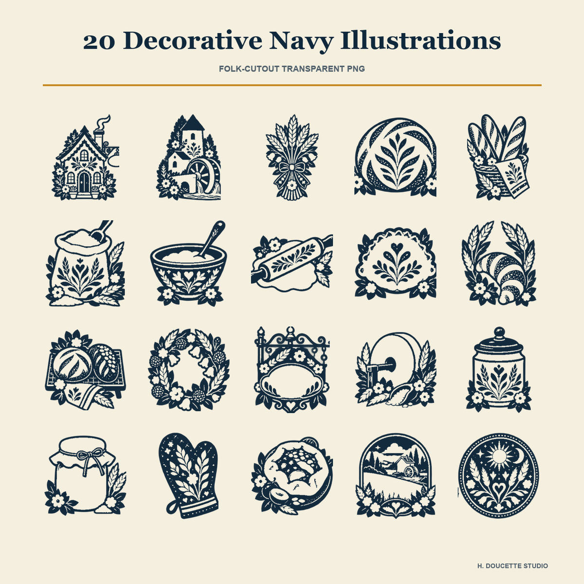Overview of all 20 coordinating deep-navy transparent PNG silhouettes with decorative folk wheat and bakery cutouts.