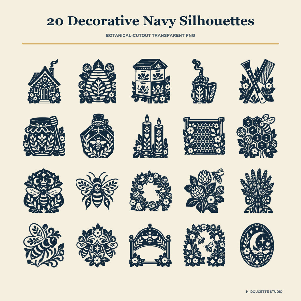 Overview of all 20 coordinating deep-navy transparent PNG silhouettes with decorative folk botanical and honeycomb cutouts.