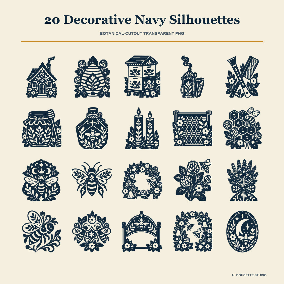 Overview of all 20 coordinating deep-navy transparent PNG silhouettes with decorative folk botanical and honeycomb cutouts.