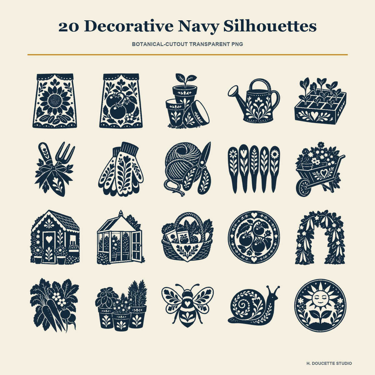 Overview of all 20 coordinating deep-navy transparent PNG silhouettes with decorative folk botanical cutouts.