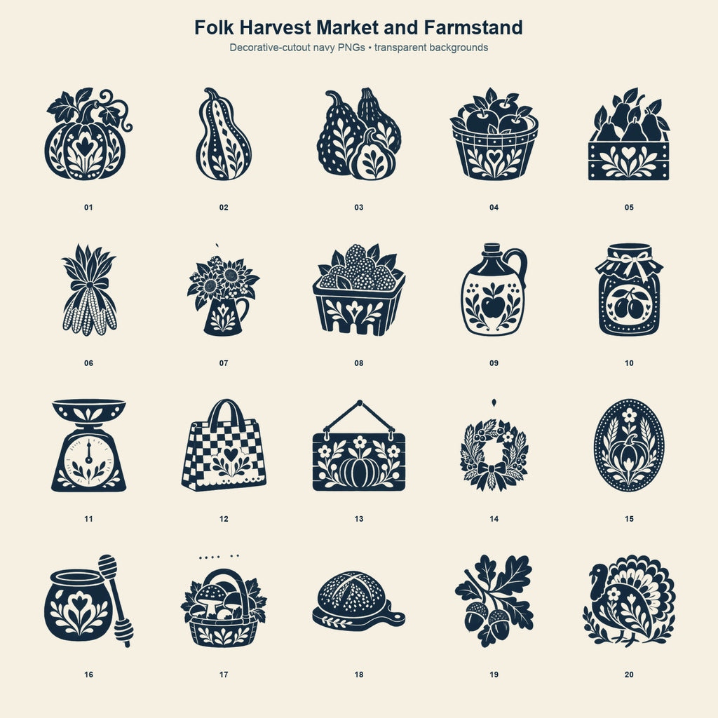 Overview of all 20 coordinating deep-navy transparent PNG silhouettes with decorative folk botanical cutouts.