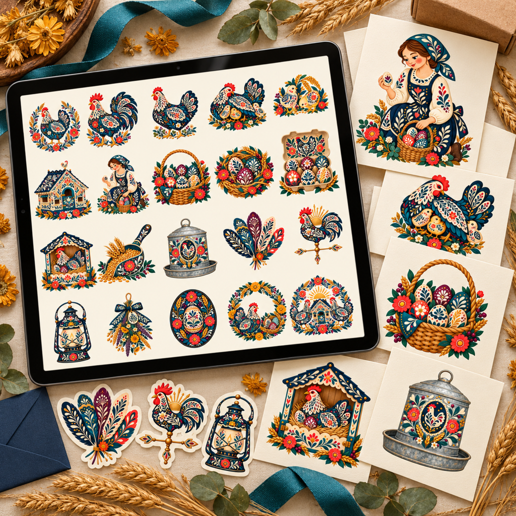 Overview of the twenty full-color Folk Henhouse transparent PNG illustrations arranged clearly on a tablet and printed applications.