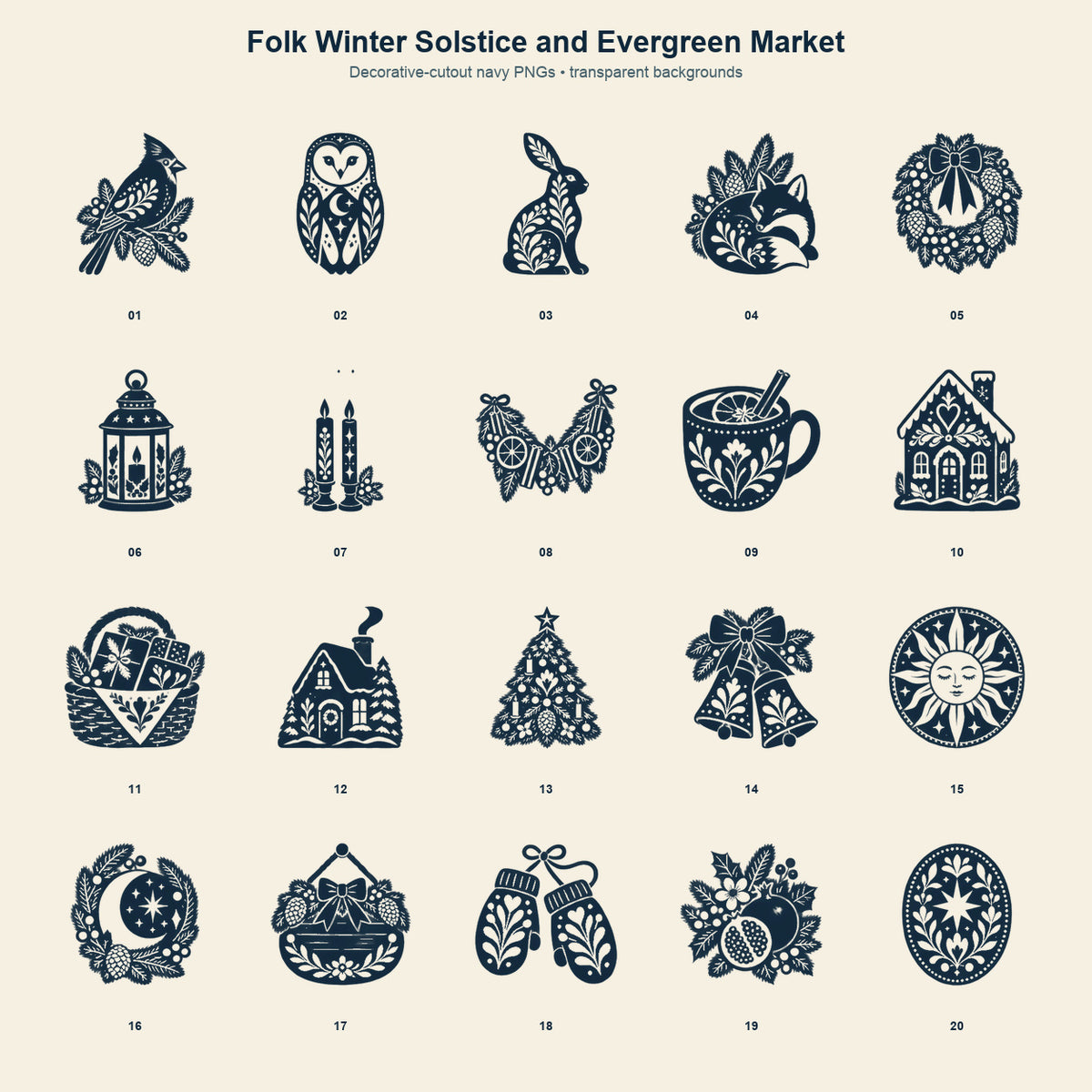 Folk Winter Solstice & Evergreen Market Clipart Bundle - 40 Transparent PNGs + 6 Seamless Patterns