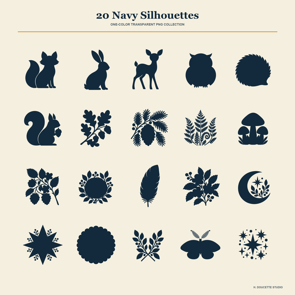 Overview of all 20 coordinating deep-navy transparent PNG silhouettes.