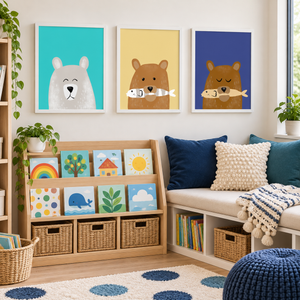 Three Gentle Bears prints above a cozy children's reading nook