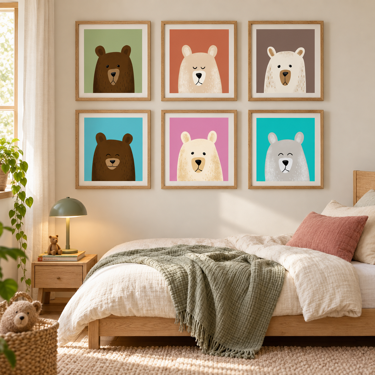 Photorealistic child's room with a mixed muted and colorful Gentle Bears gallery.