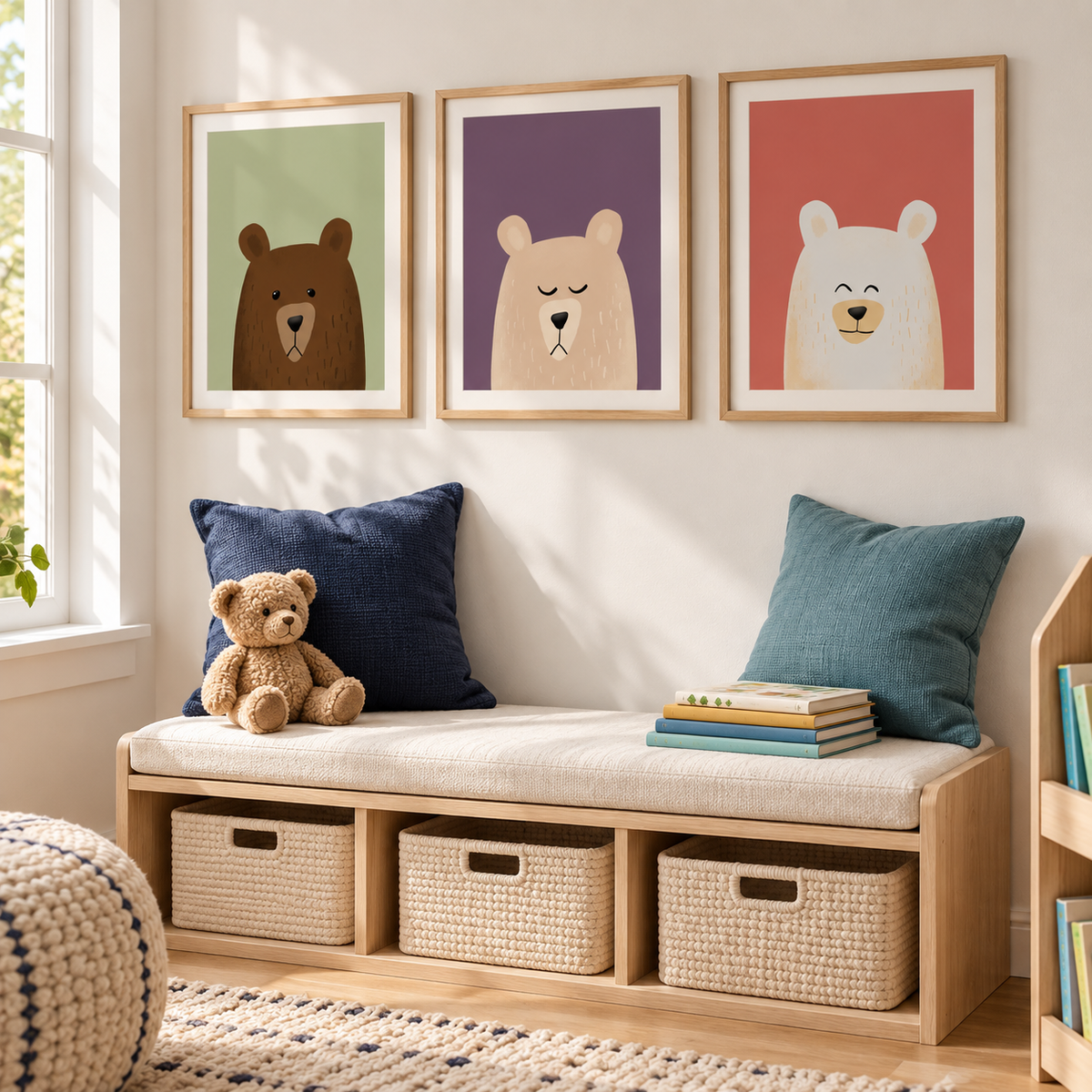 Three Gentle Bears prints above a cozy nursery reading nook