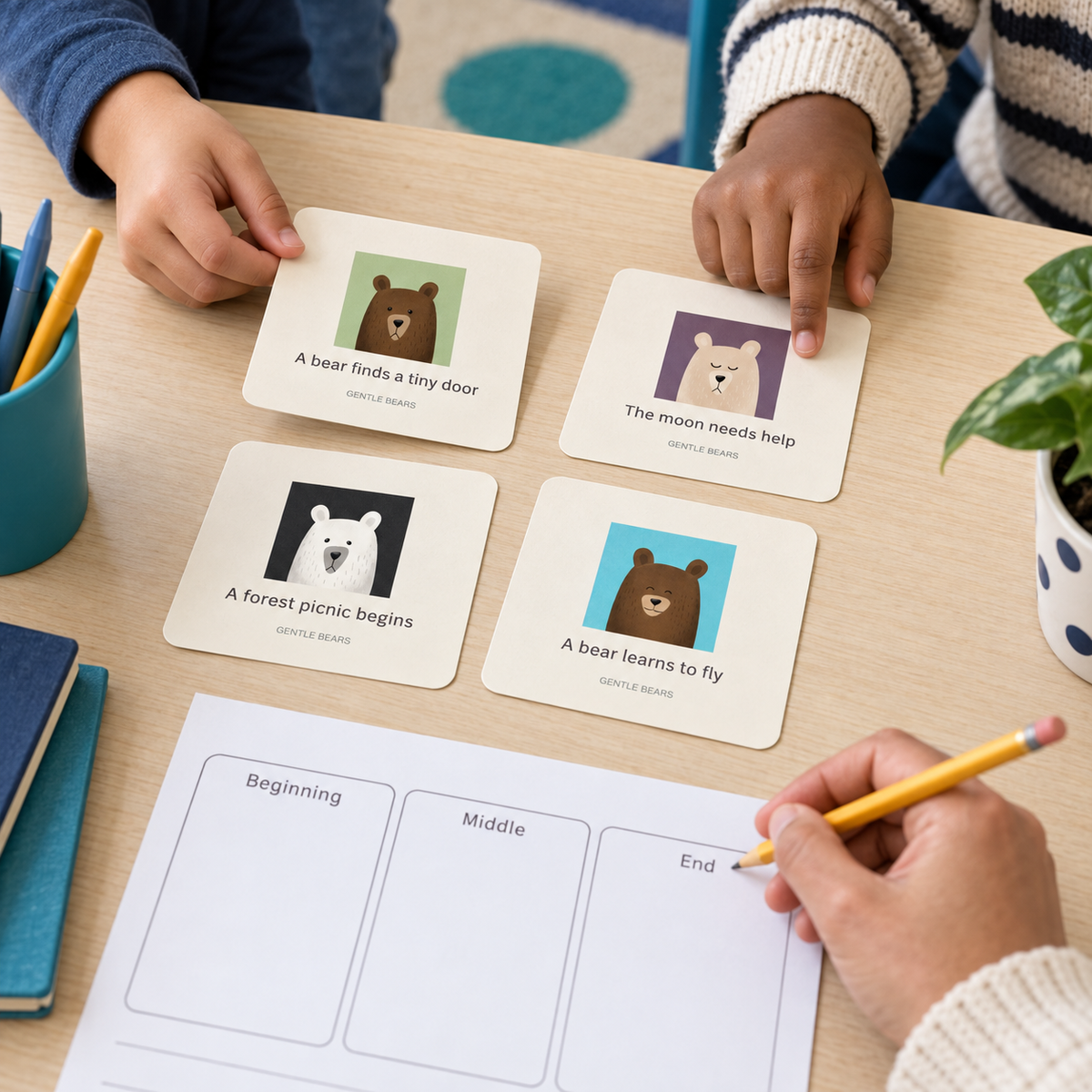 Students using Gentle Bears story prompt cards for a three-part story activity