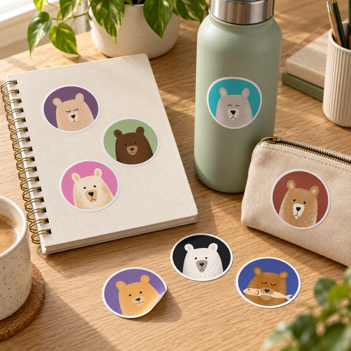 Photorealistic printed 2-inch Gentle Bears stickers decorating a notebook, reusable bottle, pencil pouch, and desk accessories.