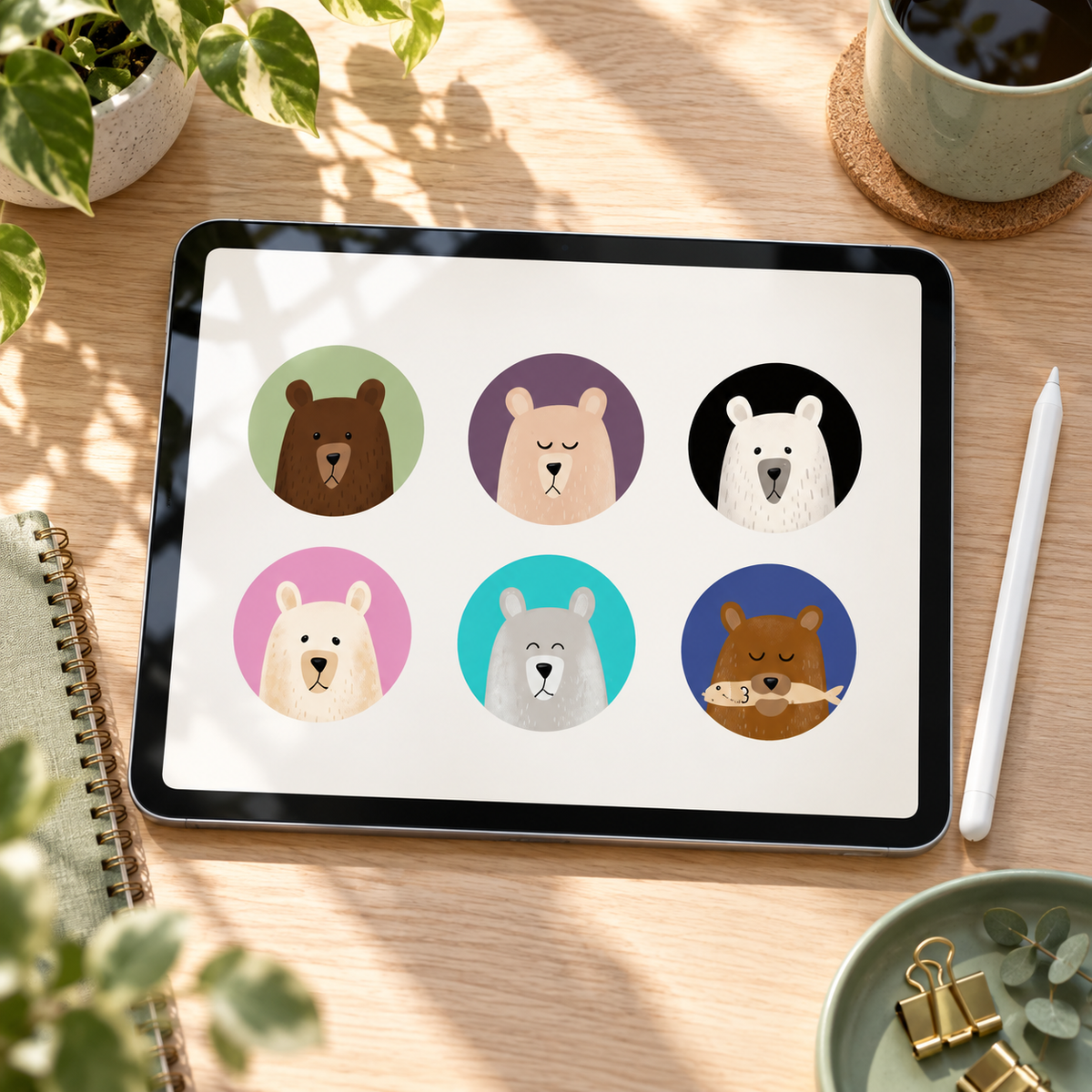 Photorealistic tablet profile selection screen using actual Gentle Bears avatars.