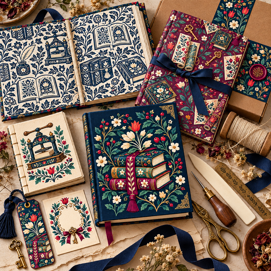 Folk bookbinder artwork on handmade journals, endpapers, presentation boxes, and workshop materials