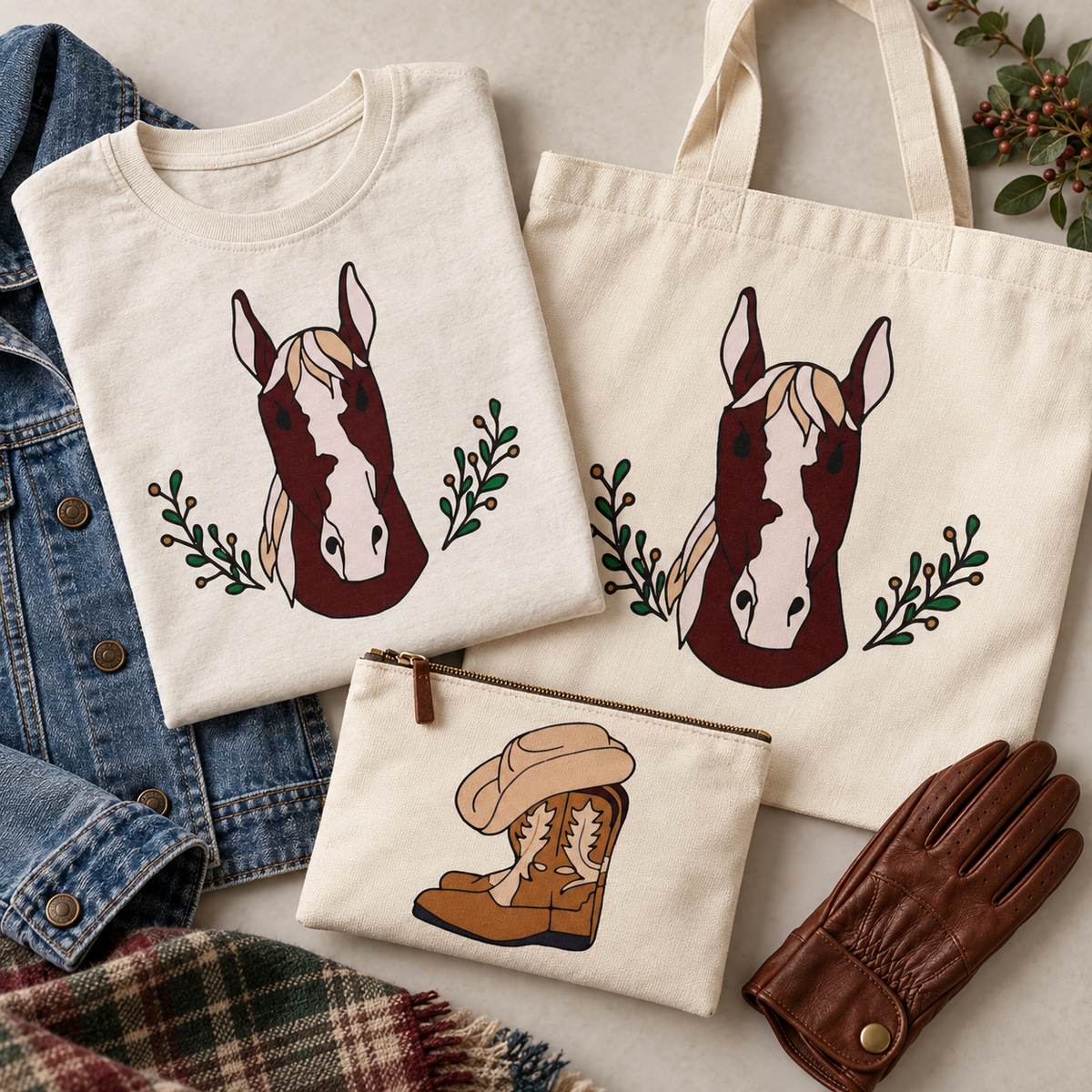 Photorealistic tote bag and shirt using the actual horse artwork.